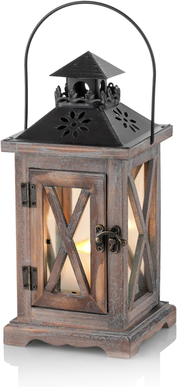 Sziqiqi Wooden Farmhouse Lanterns Decorative, 11" Rustic Lantern