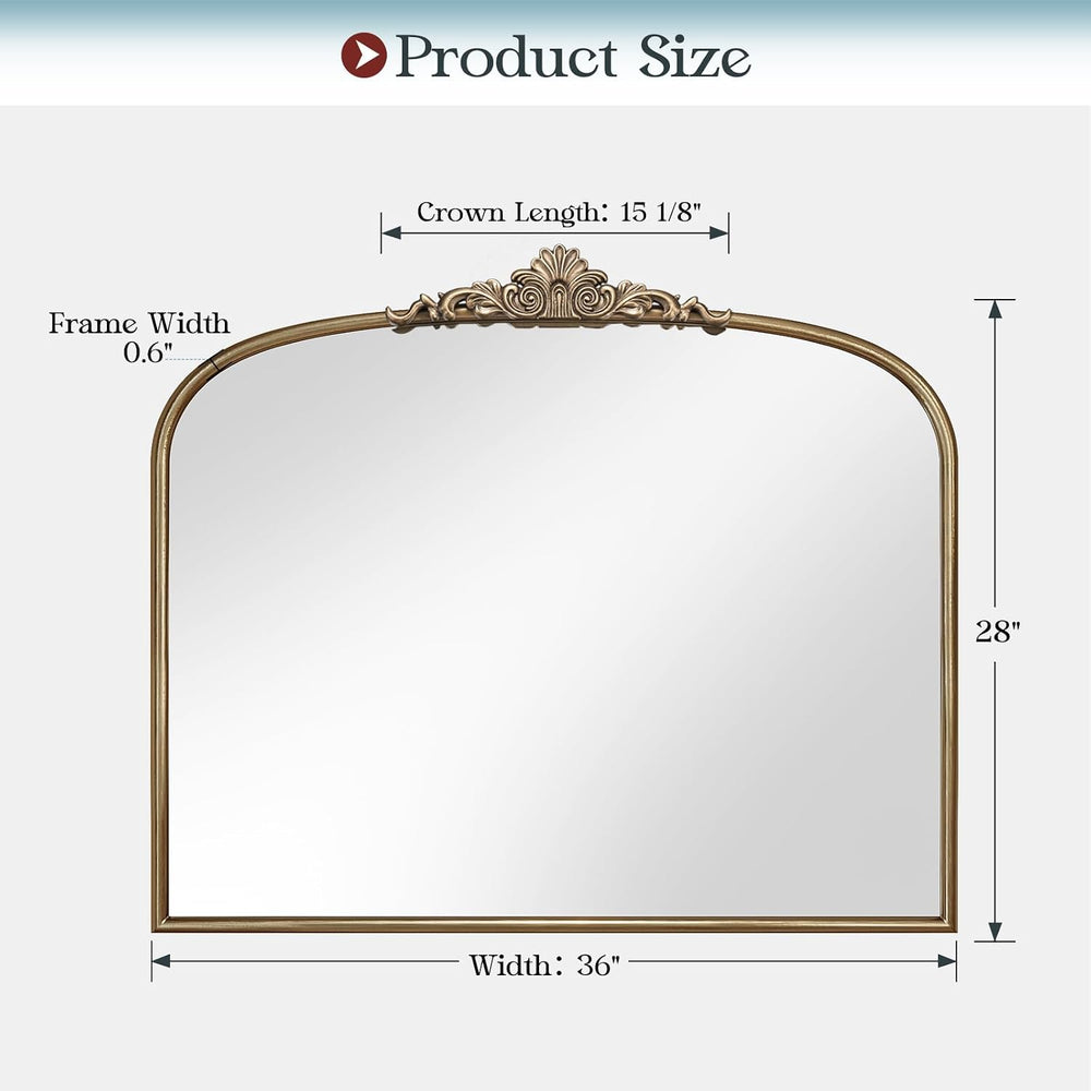 Gold Arched Antique Mirror, 36x28 Brass Vintage Bathroom Mirrors