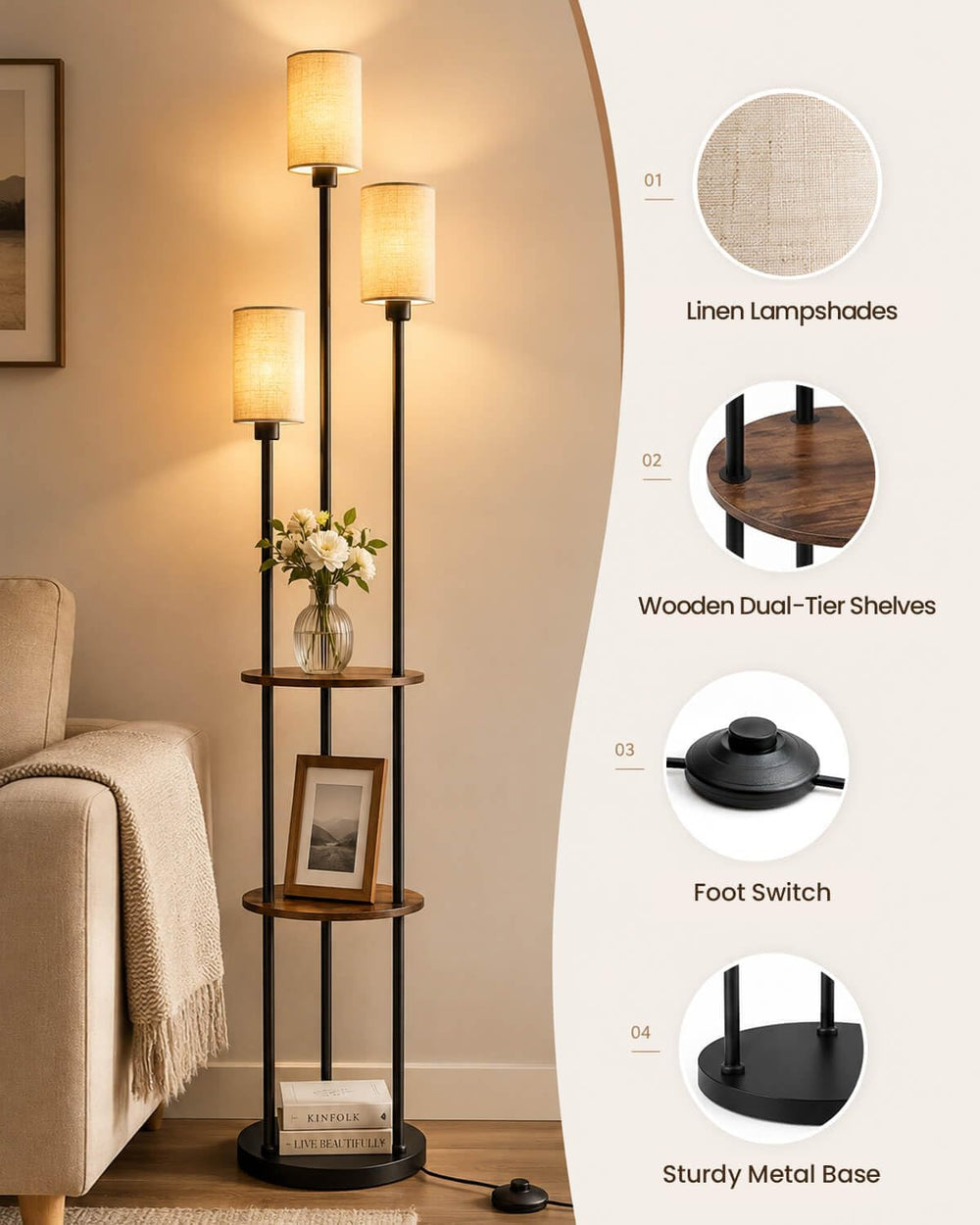 KIZON 71" Floor Lamp with Shelves, 3-Tier Standing Light, Black and Beige