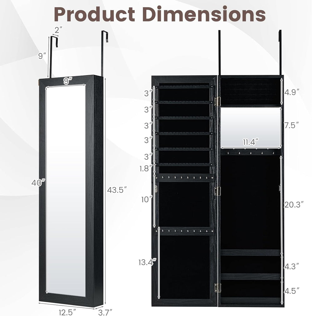 COSTWAY Full Length Mirror Jewelry Cabinet, Wall Door Mounted Jewelry Organiz...
