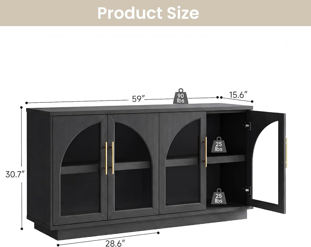 Fatmok 59" Arched Glass Sideboard Buffet Display Cabinet,Grey Black Oak