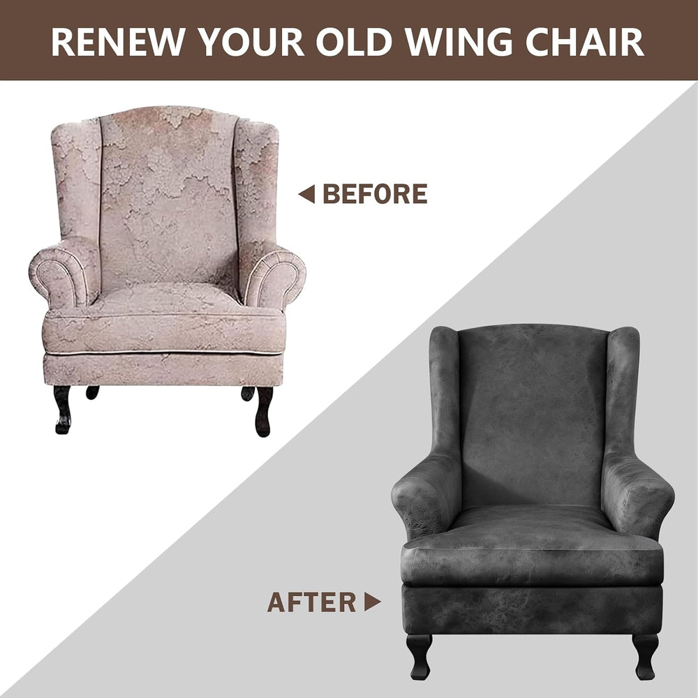 ANARACHON Leather Look Wingback Chair Covers, 2-Piece Wing Chair slipcover, S...