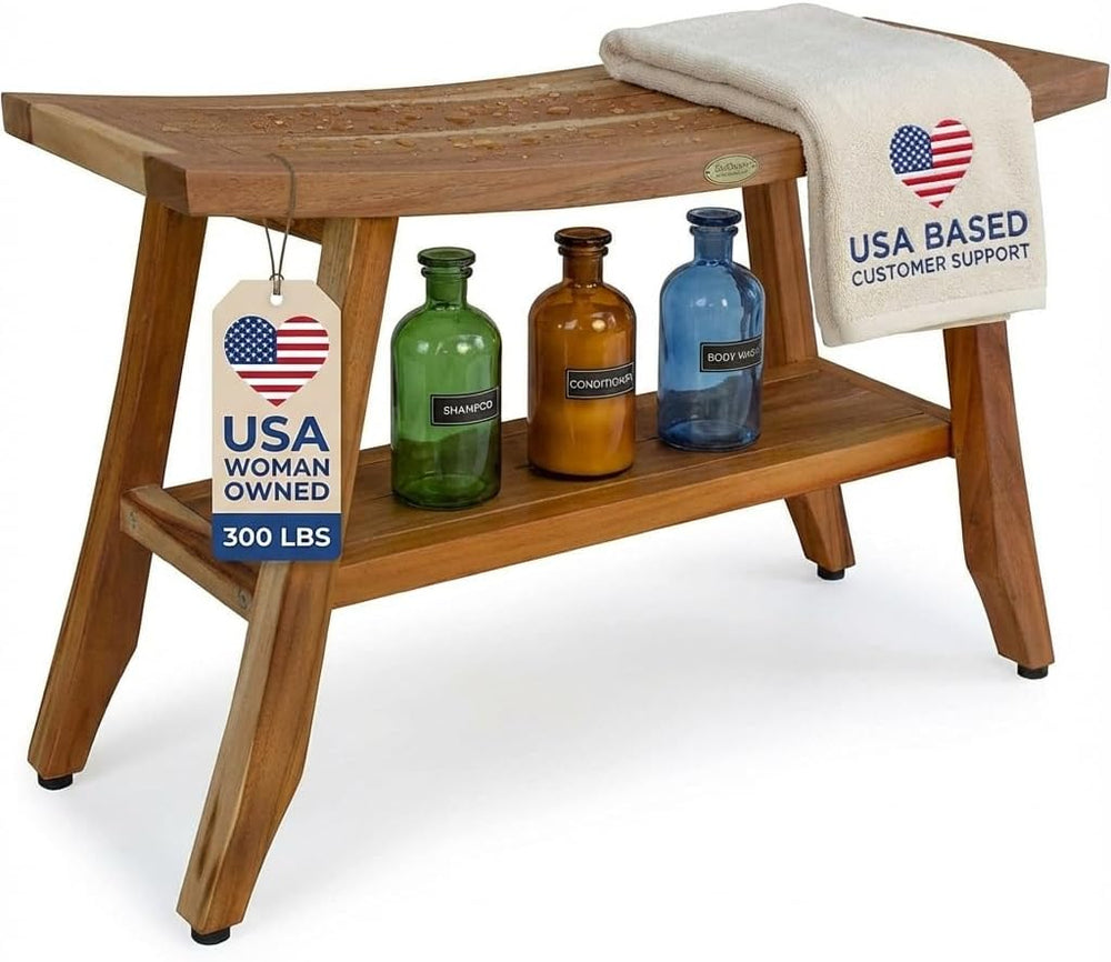 EcoDecors Satori 34-Inch Natural Teak Shower Bench, Waterproof