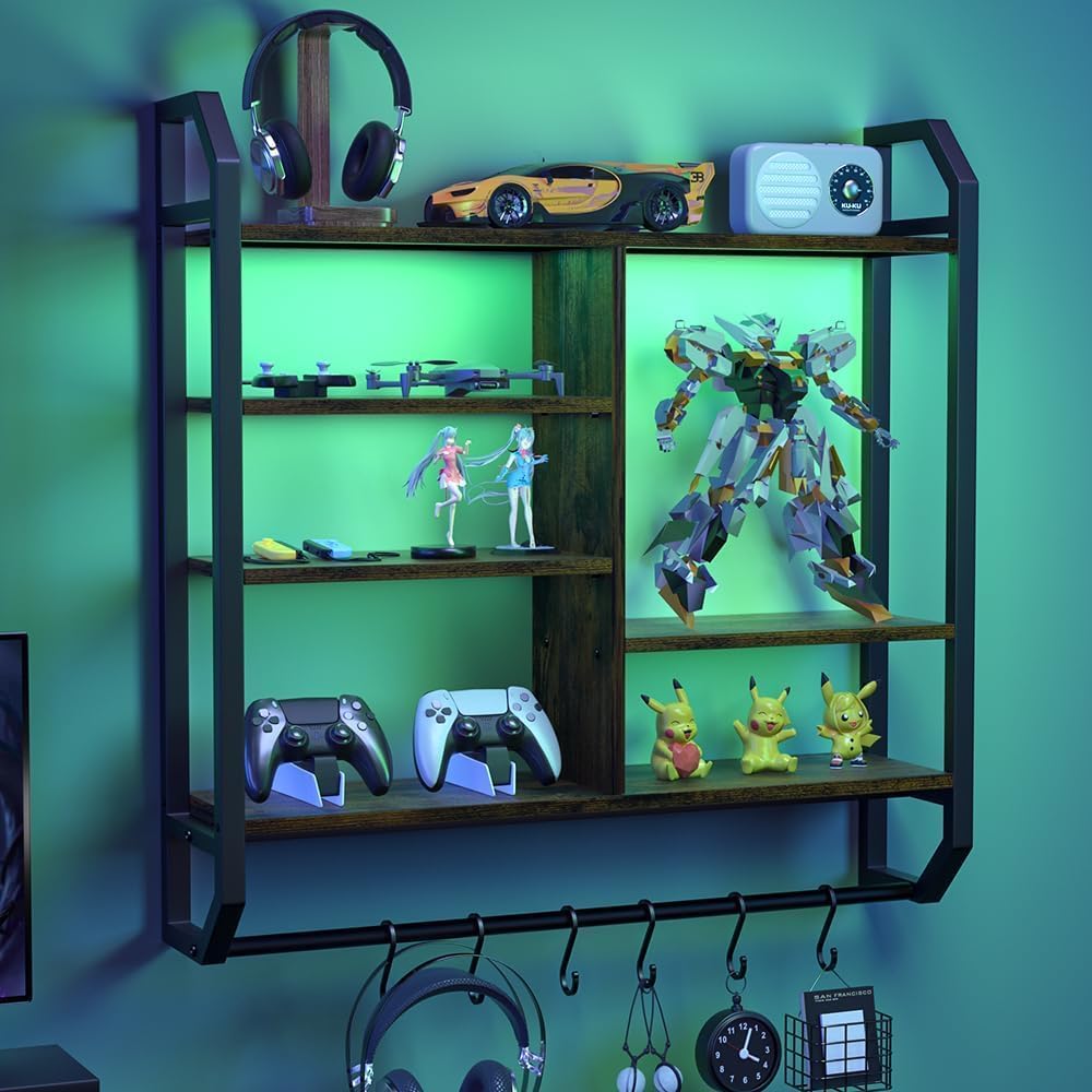 34 Inch Gaming Shelf, 6-Tier with LED Floating Shelf for Wall