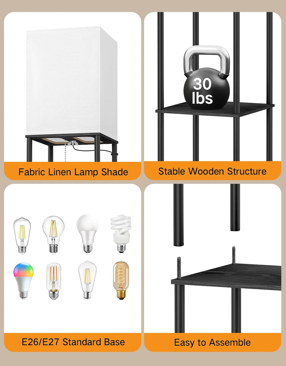 OUTON Floor Lamp with Shelves, Modern Square Standing Shelf Lamp, Black