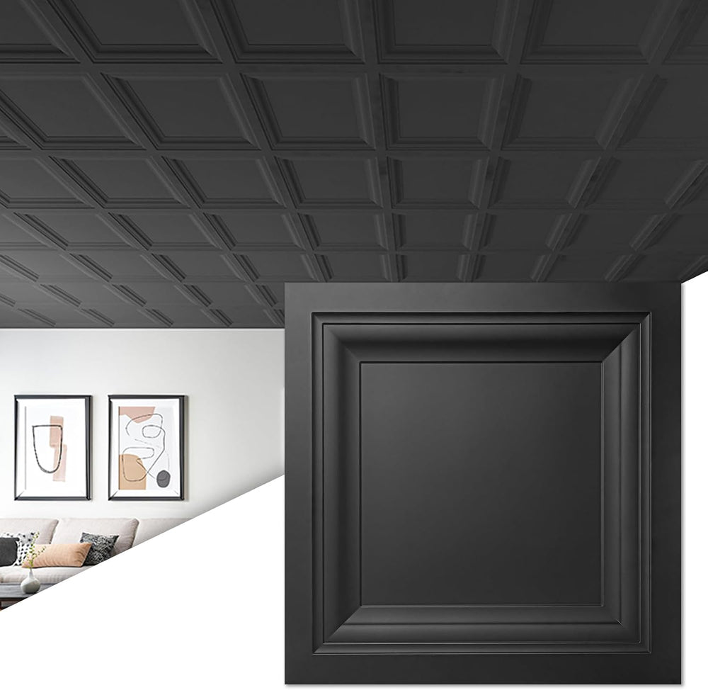 Art3d 12-Pack PVC Waterproof Drop Ceiling Tiles, 2 x 2 ft, Square, Black