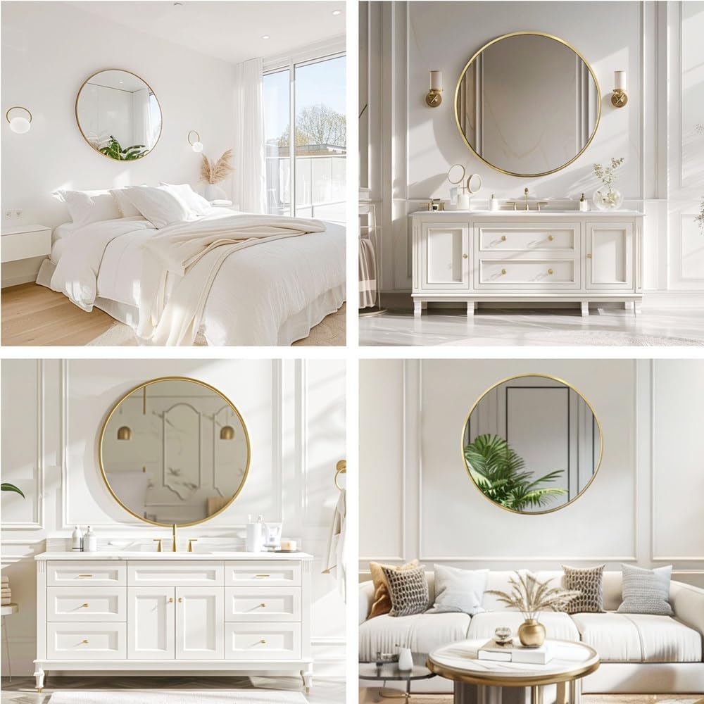 Round Mirror 30 inch Gold, Circle Mirror, Brushed Gold Metal Frame
