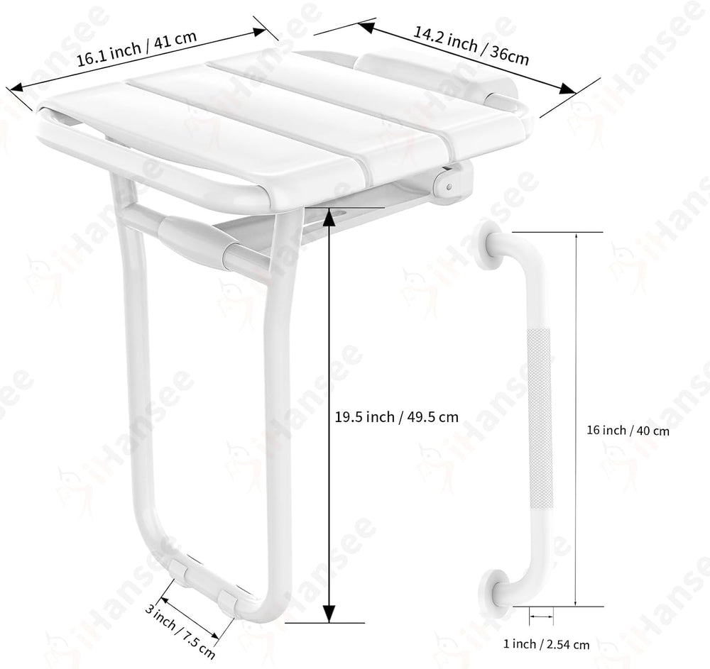 14x16 Folding Shower Seat w/ 16" Grab Bar for Inside Shower Bathtub, White
