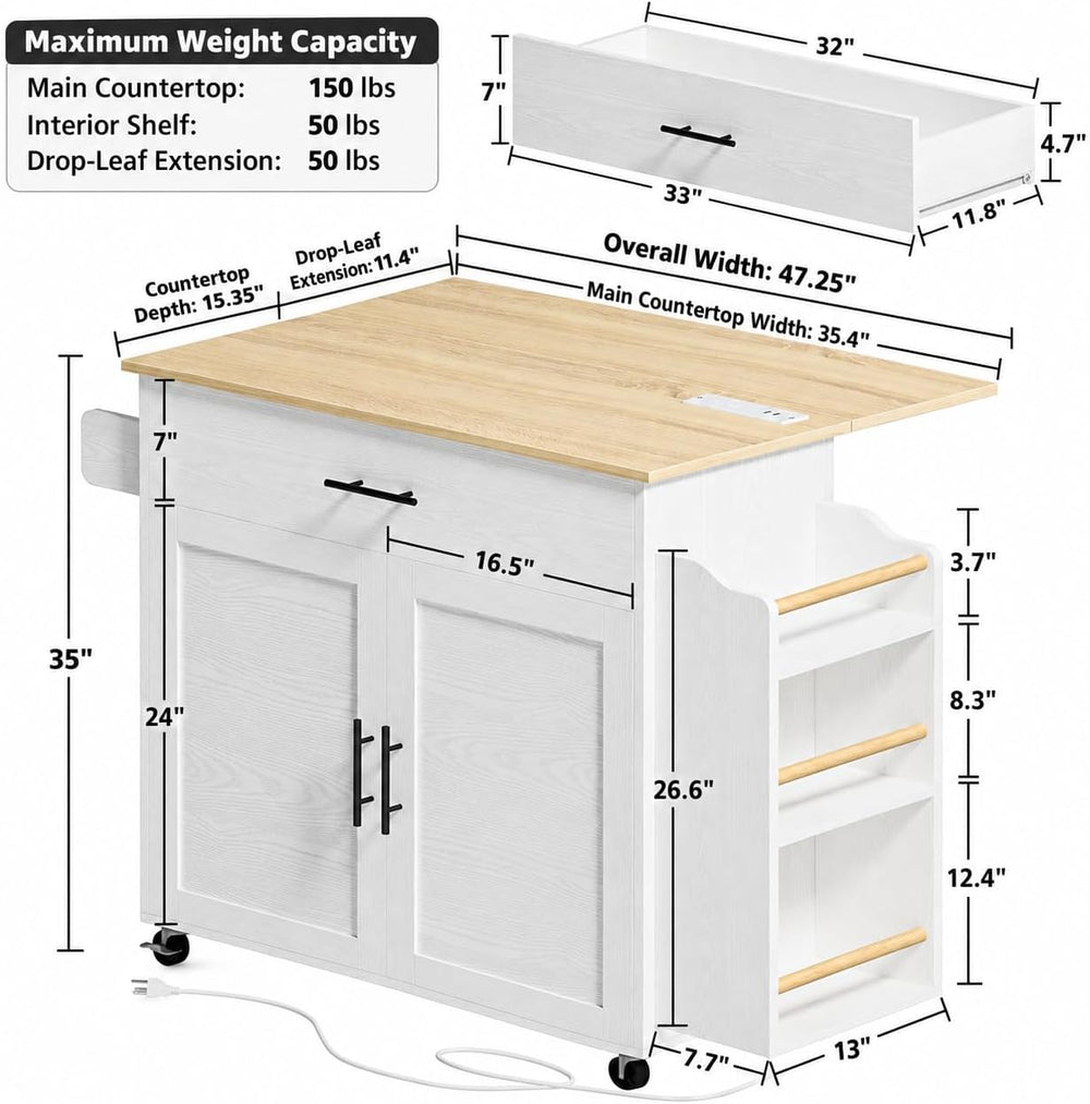 IRONCK Kitchen Island with Storage, Charging Station and Drop Leaf, White