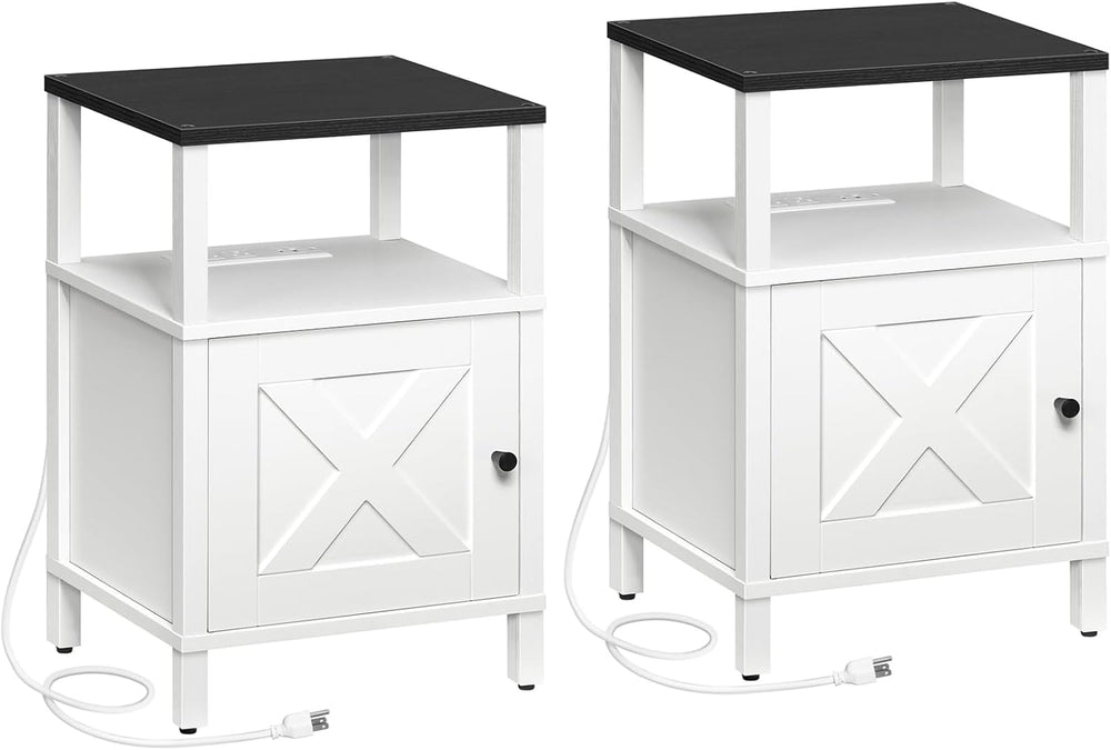 MAHANCRIS Set of 2 Farmhouse Nightstand with Charging Station, Night Stand En...