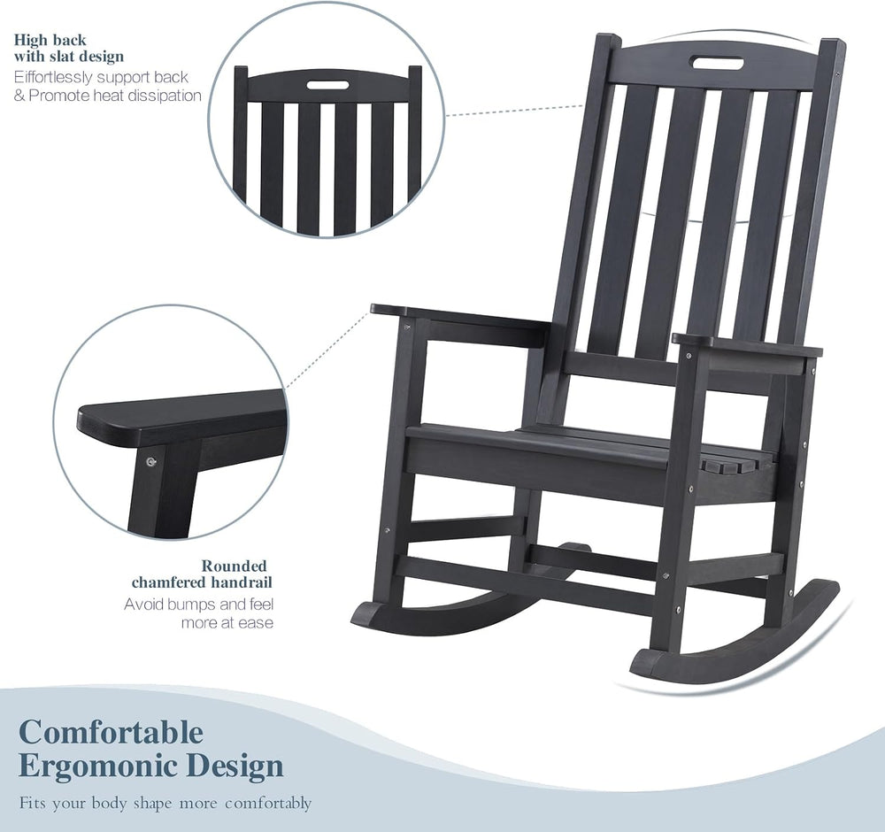 Psilvam Oversized Outdoor Rocking Chair, HDPE Porch Rocker (Black)