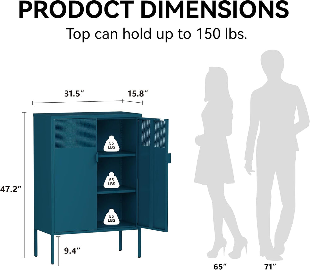 COFaR Peacock Blue Metal Cabinet, 47”H Modern Sideboard with Adjustable Shelv...