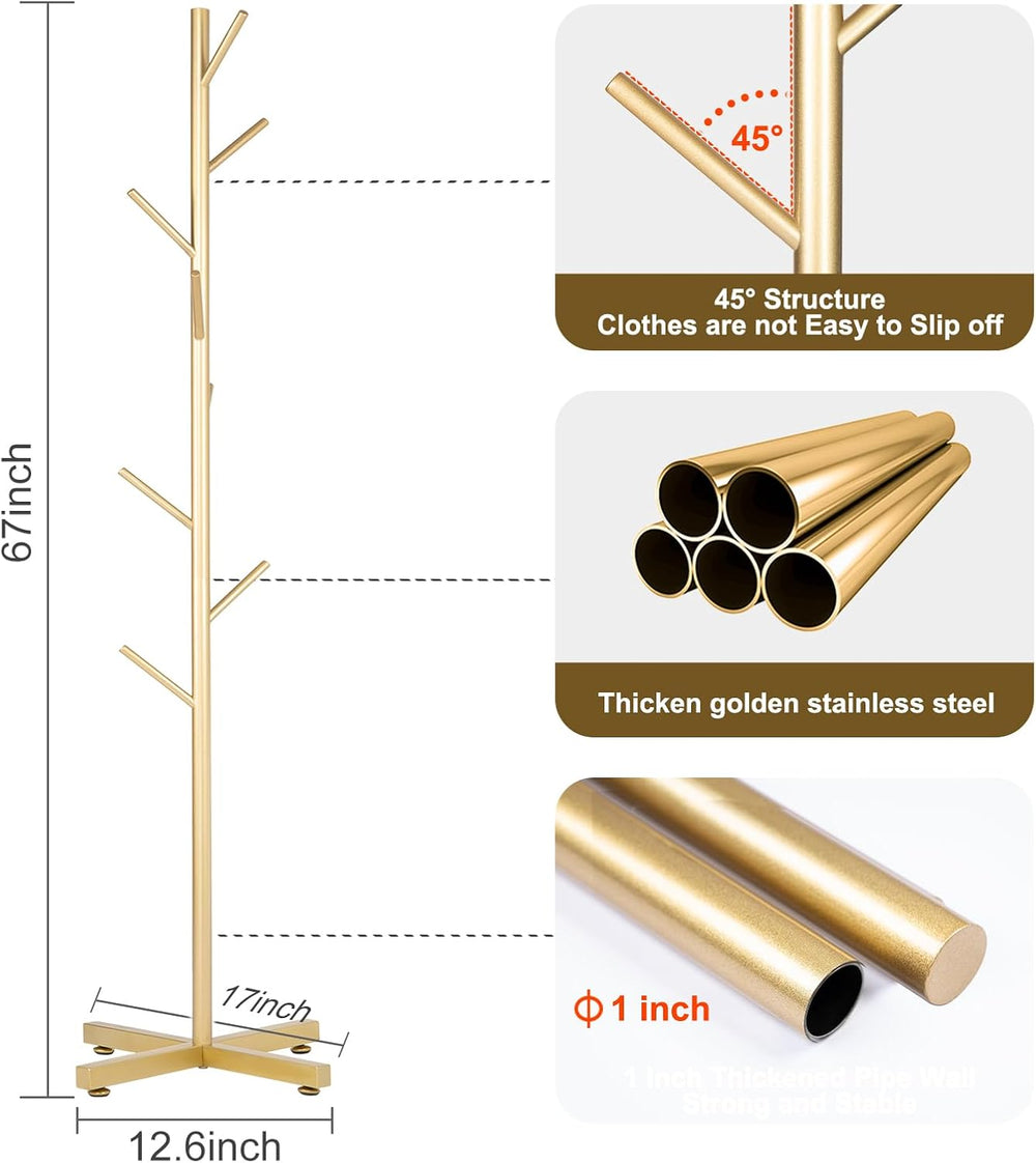 ZOZOE Coat Rack with 8 Hooks, Golden Adjustable Coat Rack Stand