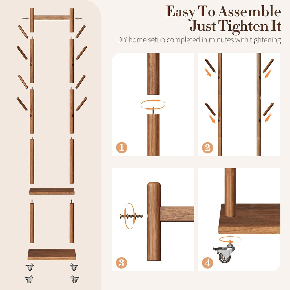 Yoobure Solid Wood Coat Rack Freestanding - Rolling Clothes Rack with 8 Hooks...