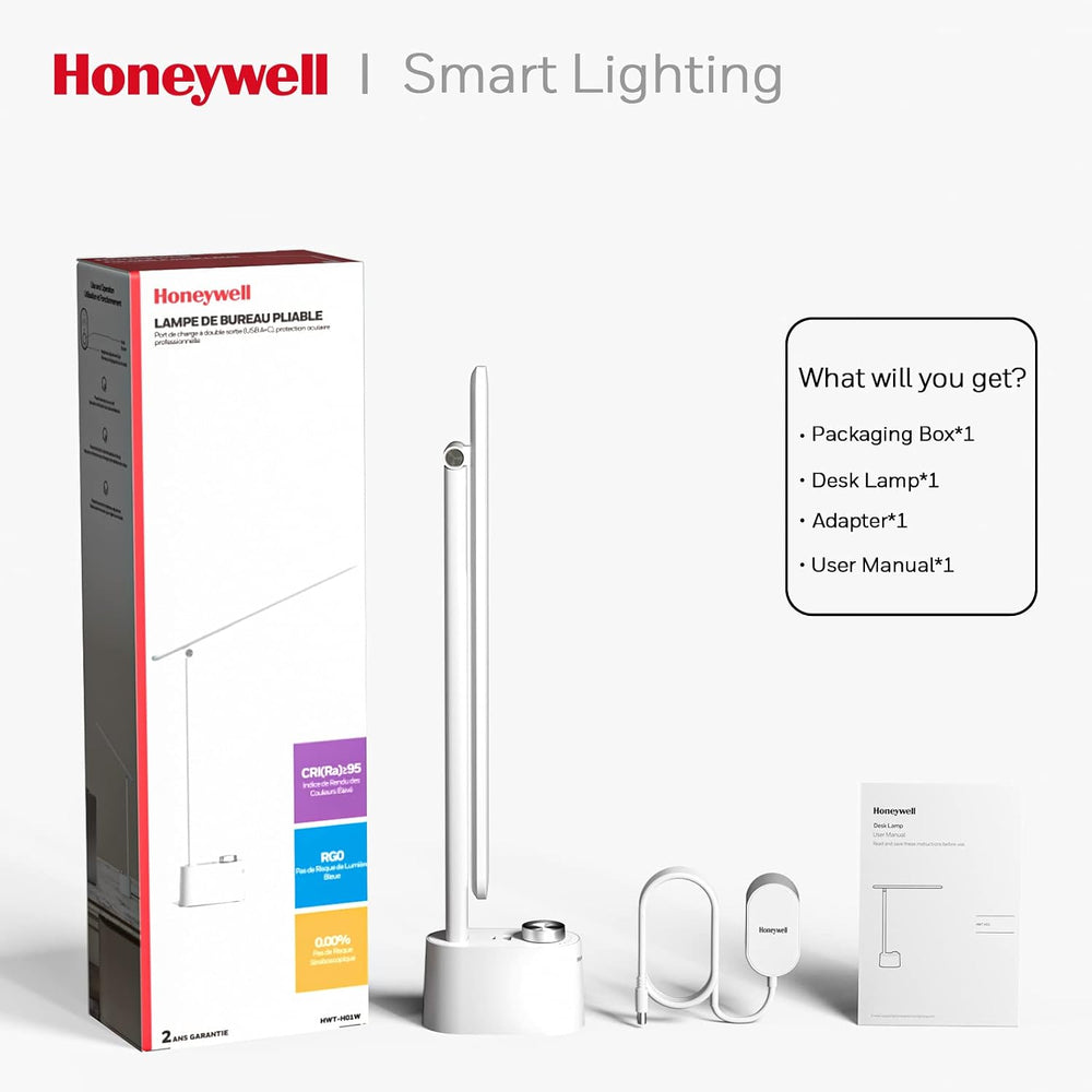 Honeywell HWT-H01 LED Desk Lamp, Foldable & Stepless Dimmable, White