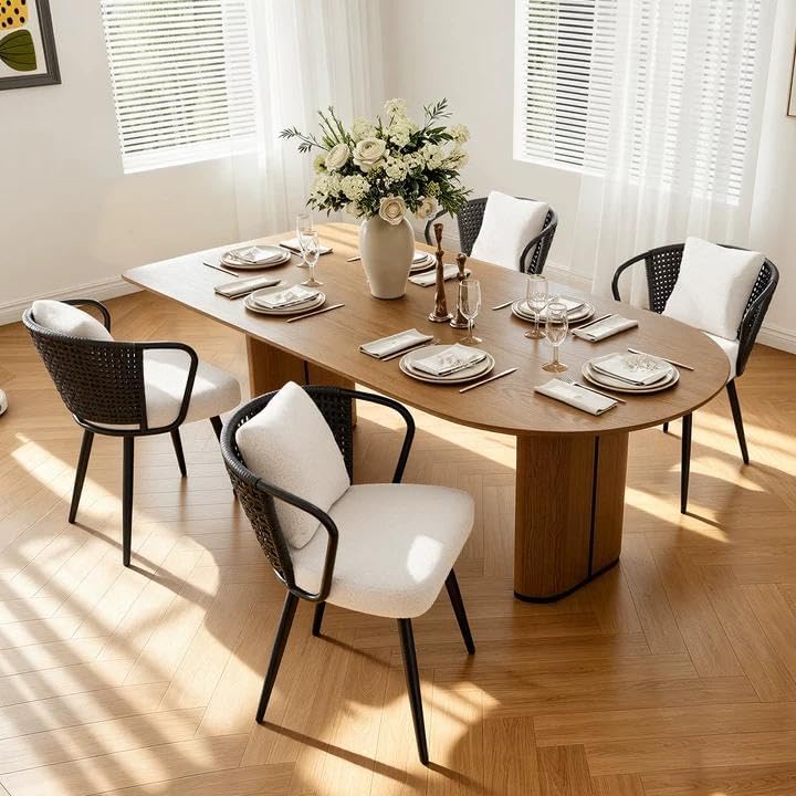 Rattan Dining Chairs Set of 4, Modern Upholstered Kitchen Chair with Metal Le...