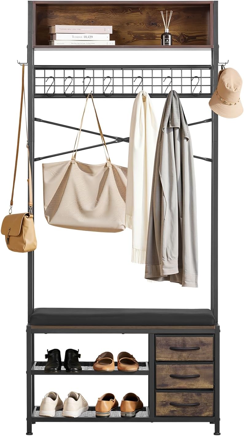 VEVOR Hall Tree with Bench and Shoe Storage, Entryway Bench with Coat Rack, 3...