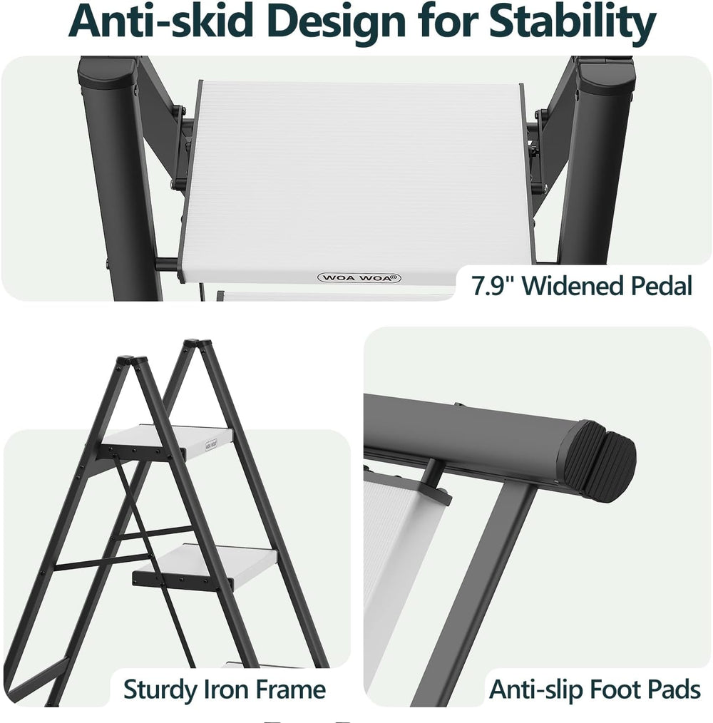 WOA WOA 3 Step Ladder, Foldable Step Stool, 300lbs Load, Black & White