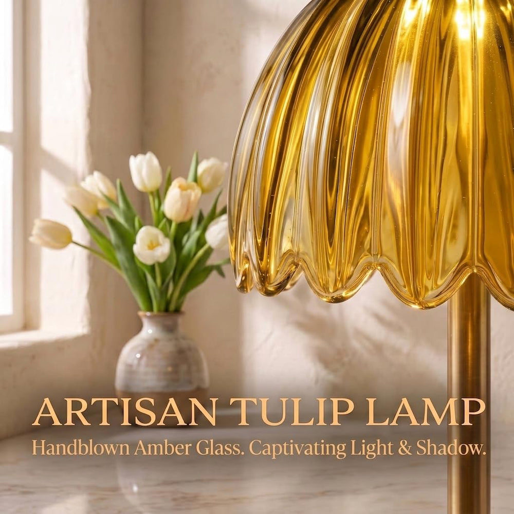 Tulip Glass Rechargeable Table Lamp, Floral Cordless Table Light(Amber)