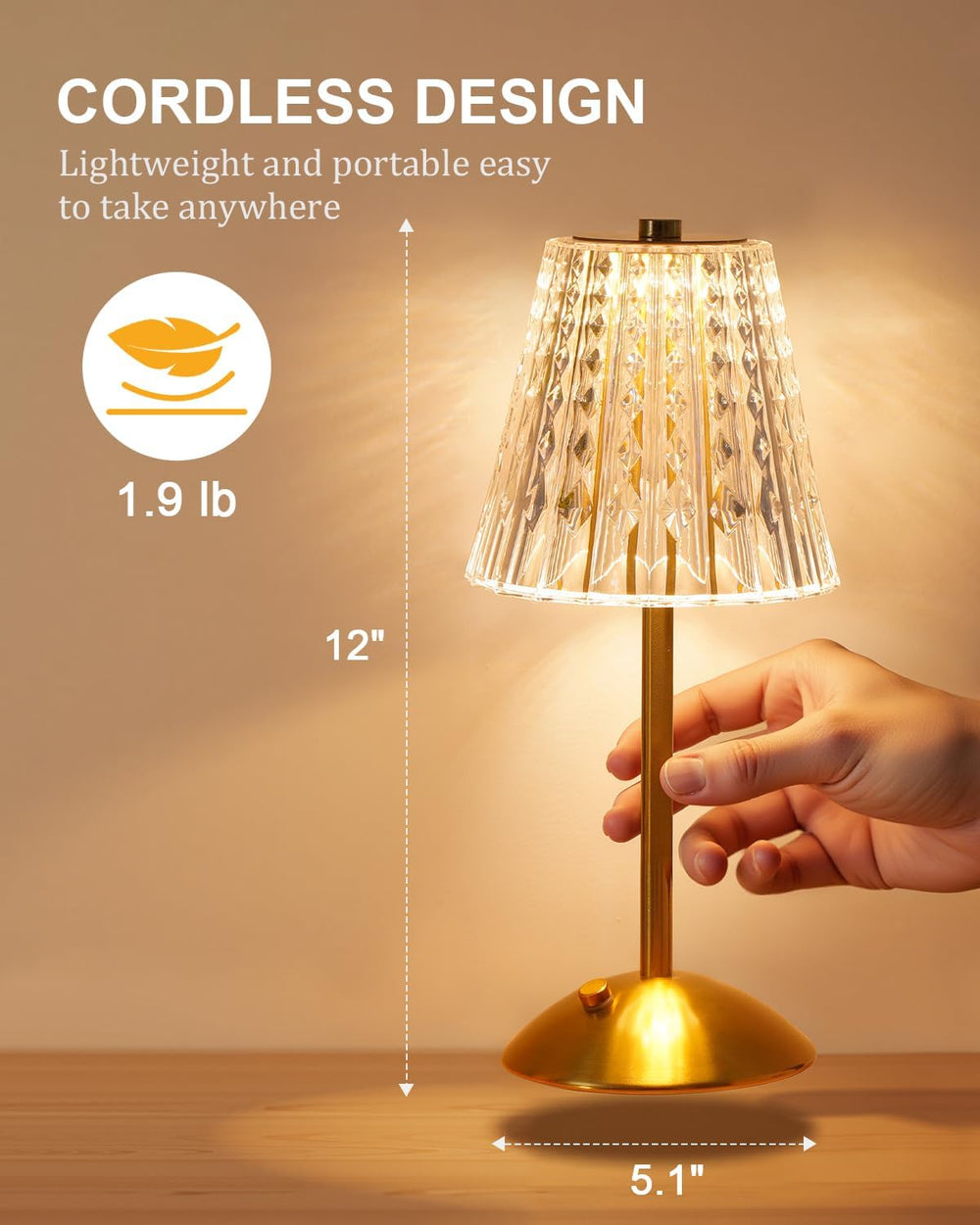 Nusogon 2 Pack Cordless Crystal Table Lamps, Rechargeable Touch Lamp