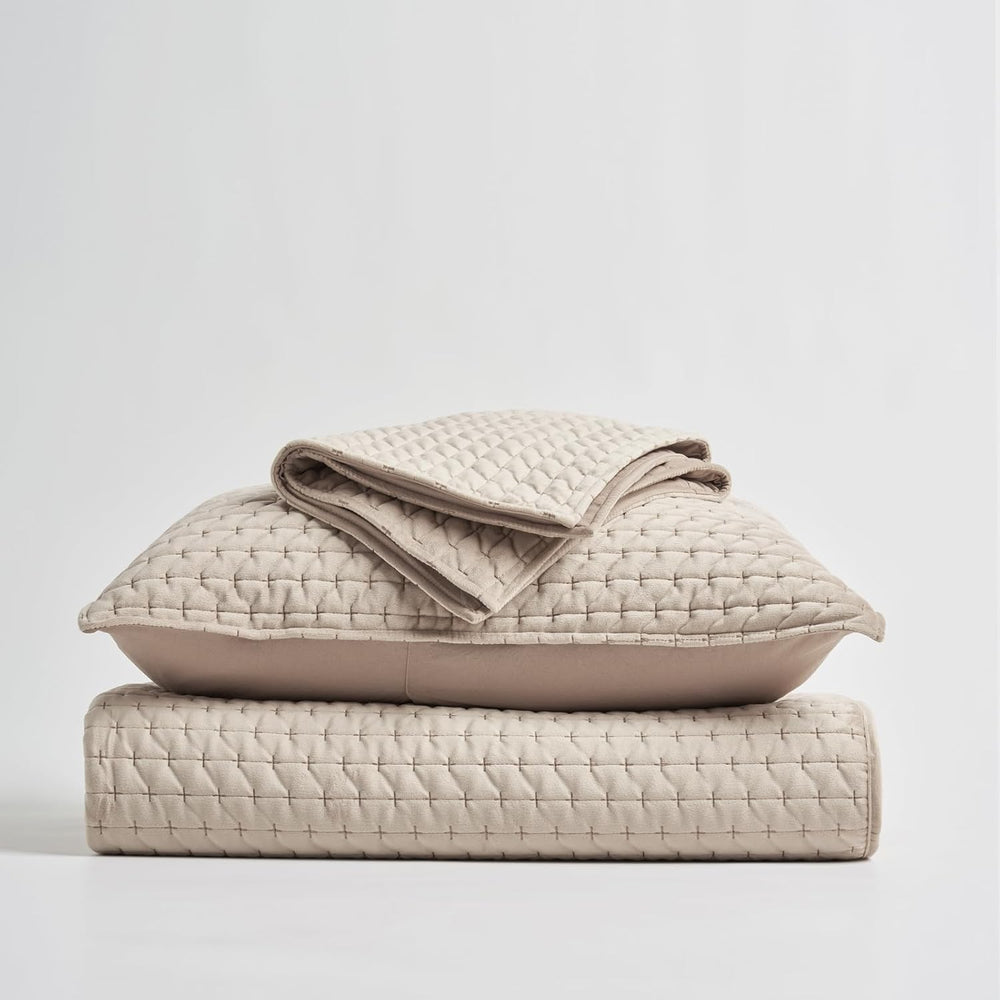 EverGrace Cross-Stitch Velvet Quilt Set, King Size, Light Taupe