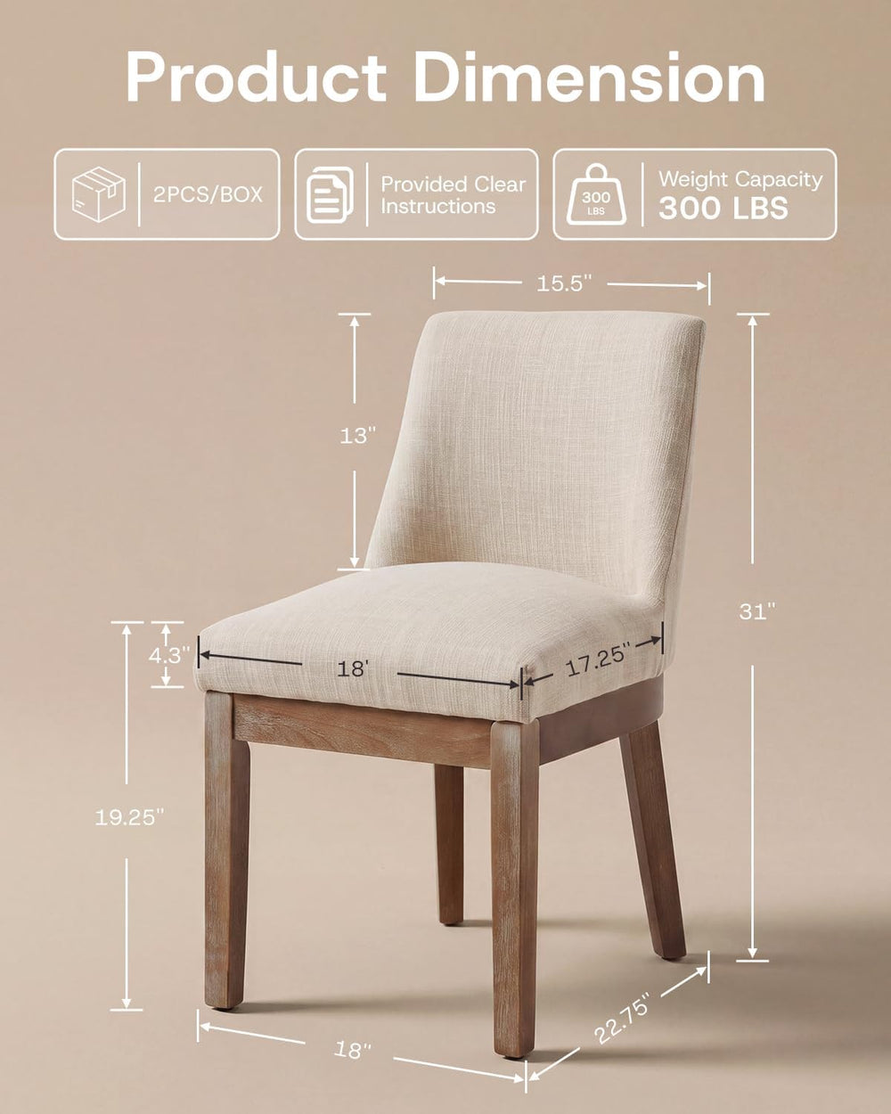 HNY Beige Linen Fabric Dining Chairs Set of 2 with Comfortable Back Support