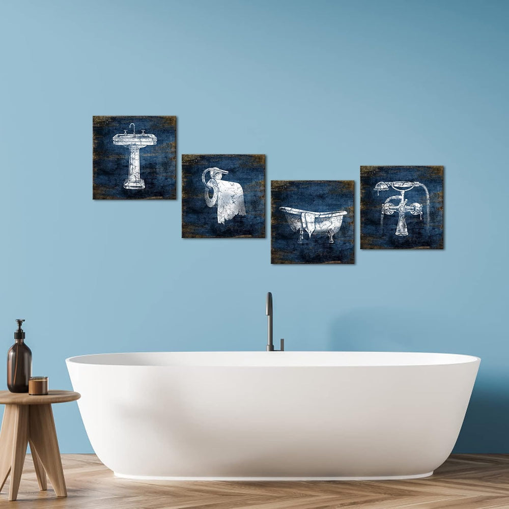 KLVOS Blue Bathroom Decor Wall Art Framed Canvas Print Pictures 4 Pieces Abst...