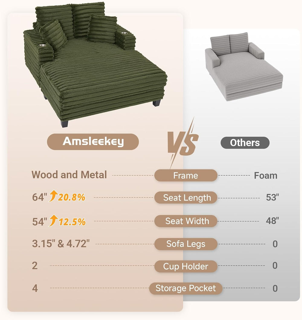 Amsleekey 64" Oversized Chaise Lounge Chair with Wood Frame, 2 Cup Holders