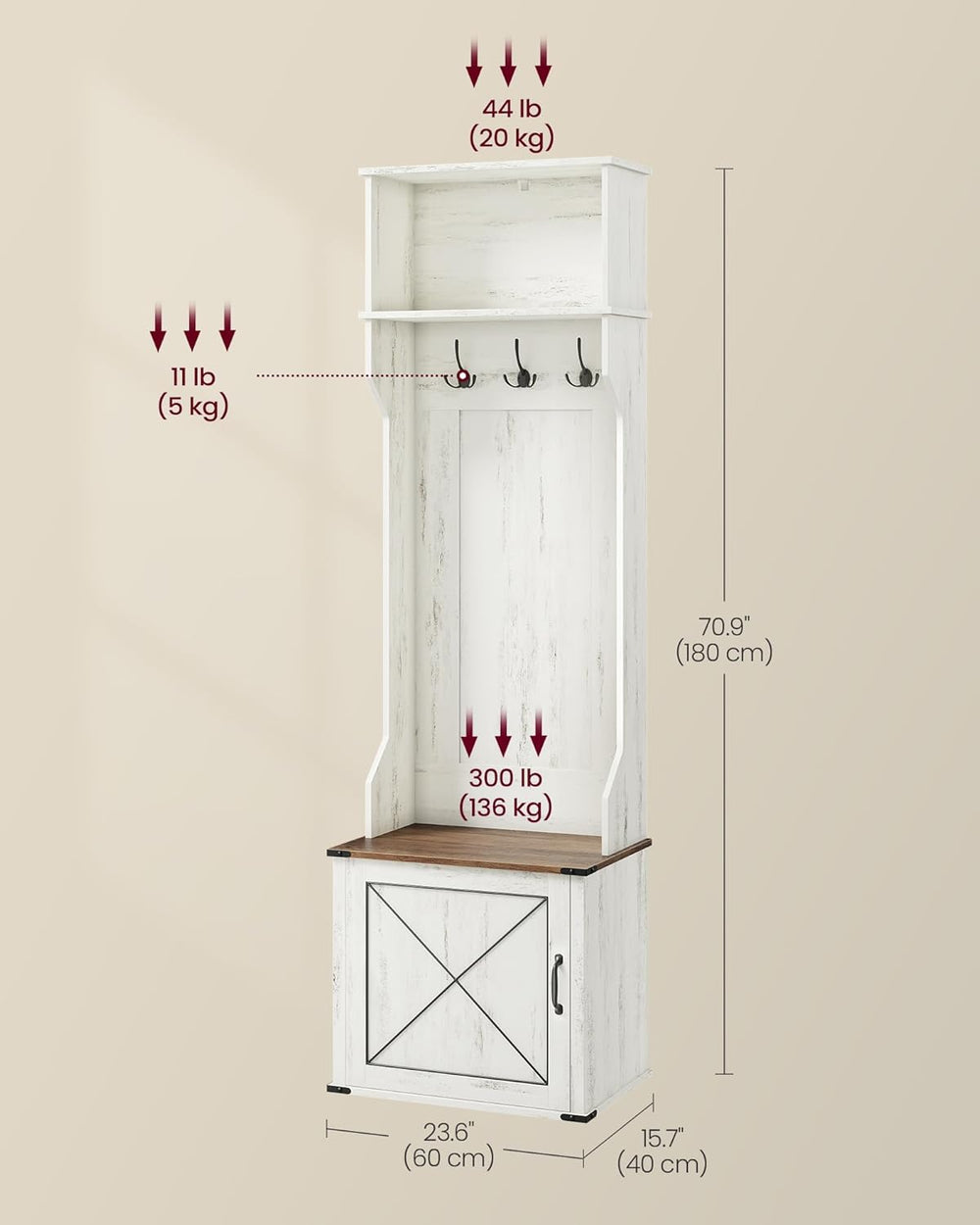VASAGLE Hall Tree with Bench and Shoe Storage, 3 Tri-Hooks, Hinged Door