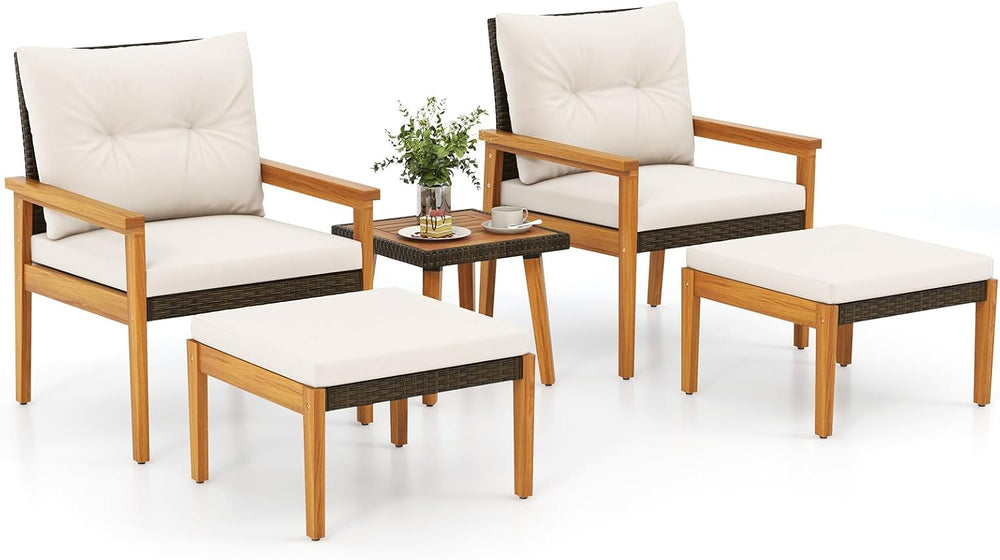 Tangkula 5 Piece Rattan Furniture Set, Wood Frame Chairs & Ottomans w/Squ...