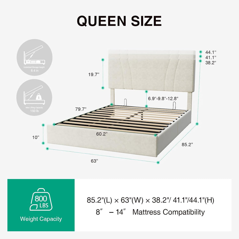 Novilla Queen Lift Up Storage Bed Frame/Charging Station/LED Light, White