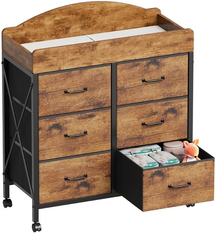 YeTom Changing Table Dresser, 6 Fabric Drawers, Mobile Storage, Brown