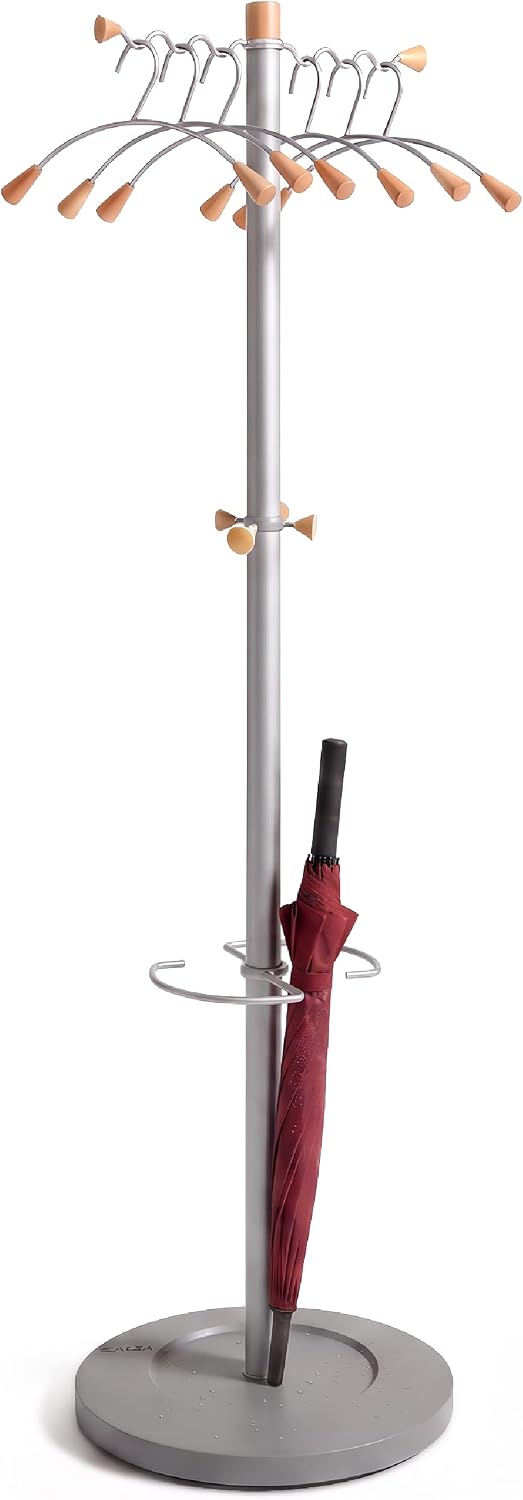 Alba Wavy Coat Tree, 6 Coat Hangers, 2 Knobs, 4 Hooks and Umbrella Stand with...