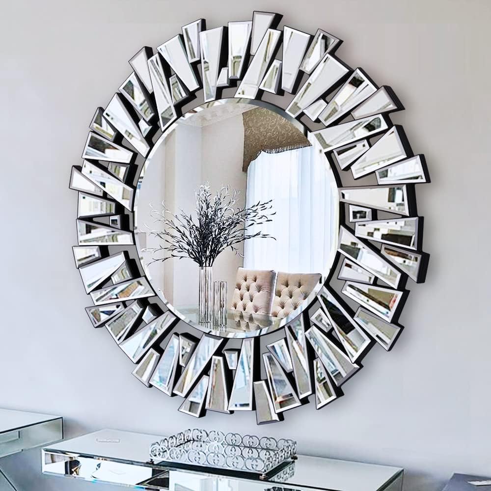 Round Mirror for Wall Decor, 36" Large Living Room Mirror with 3D Bevele...