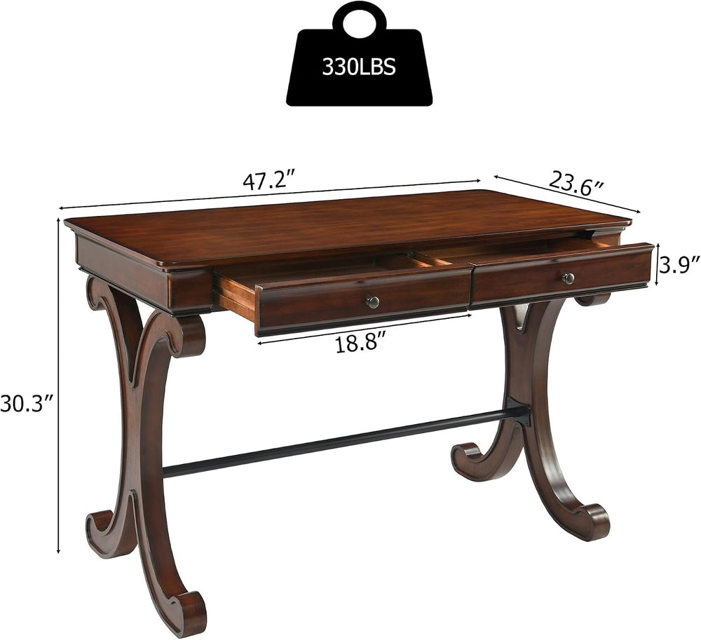 Traditional Wood Writing Desk with 2 Drawers, 47" Large Work Desk
