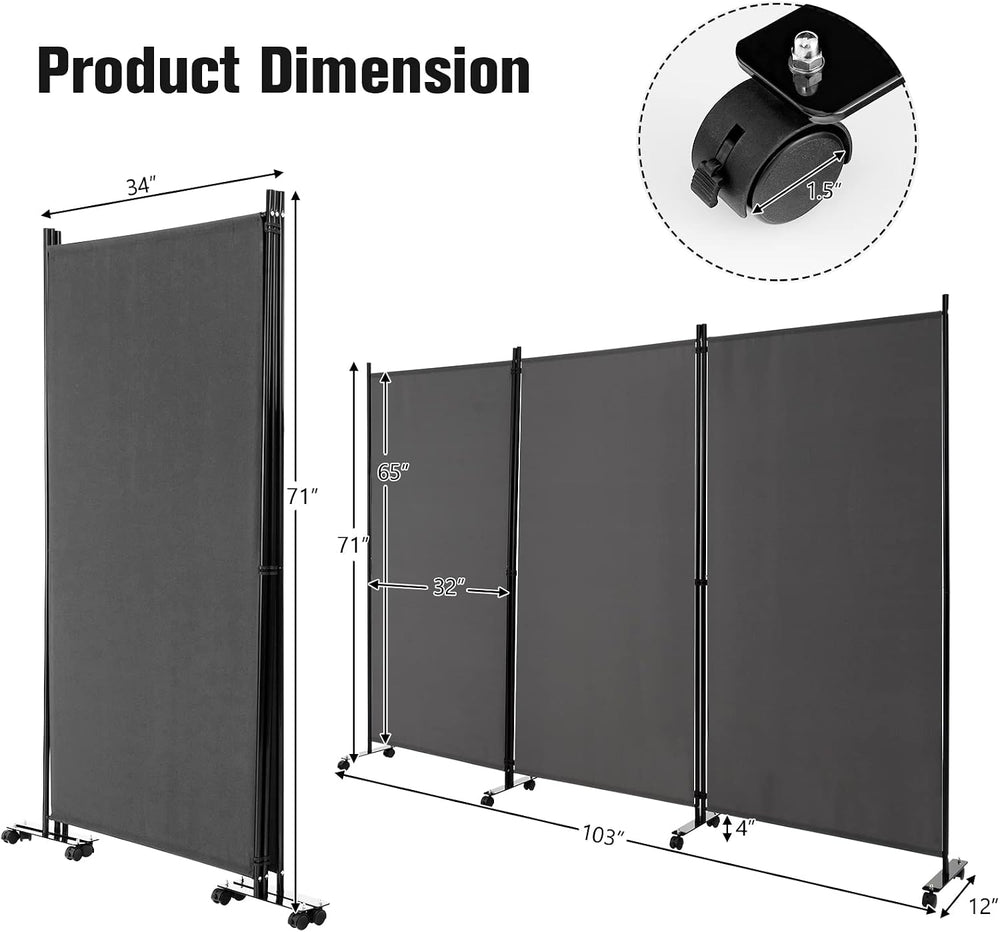 LDAILY 3 Panels Folding Privacy Screen, 6FT Rolling Room Divider