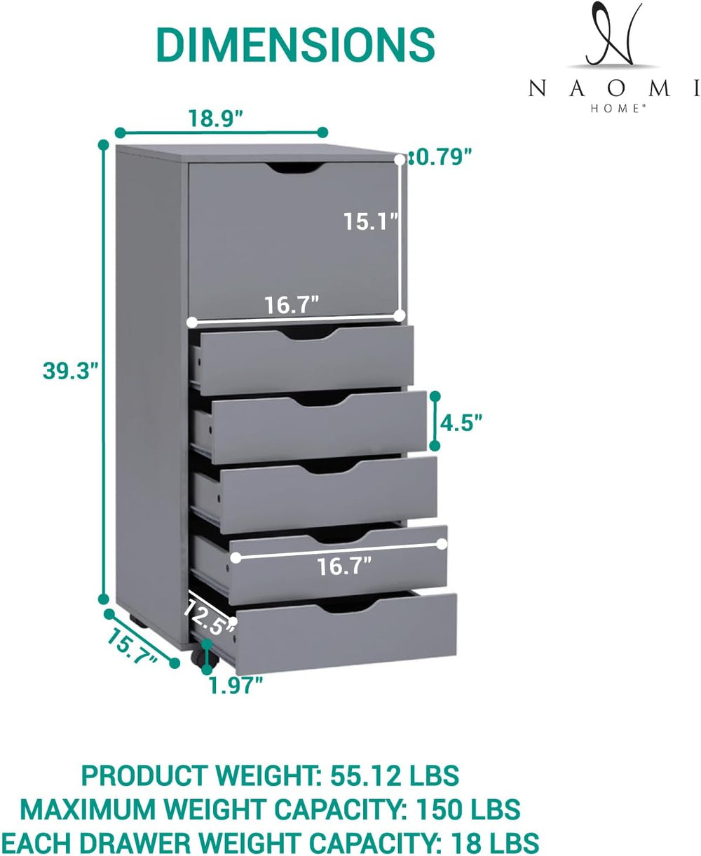 Naomi Home Carly 5-Drawer Wooden Dresser with 1 Cabinet - Gray