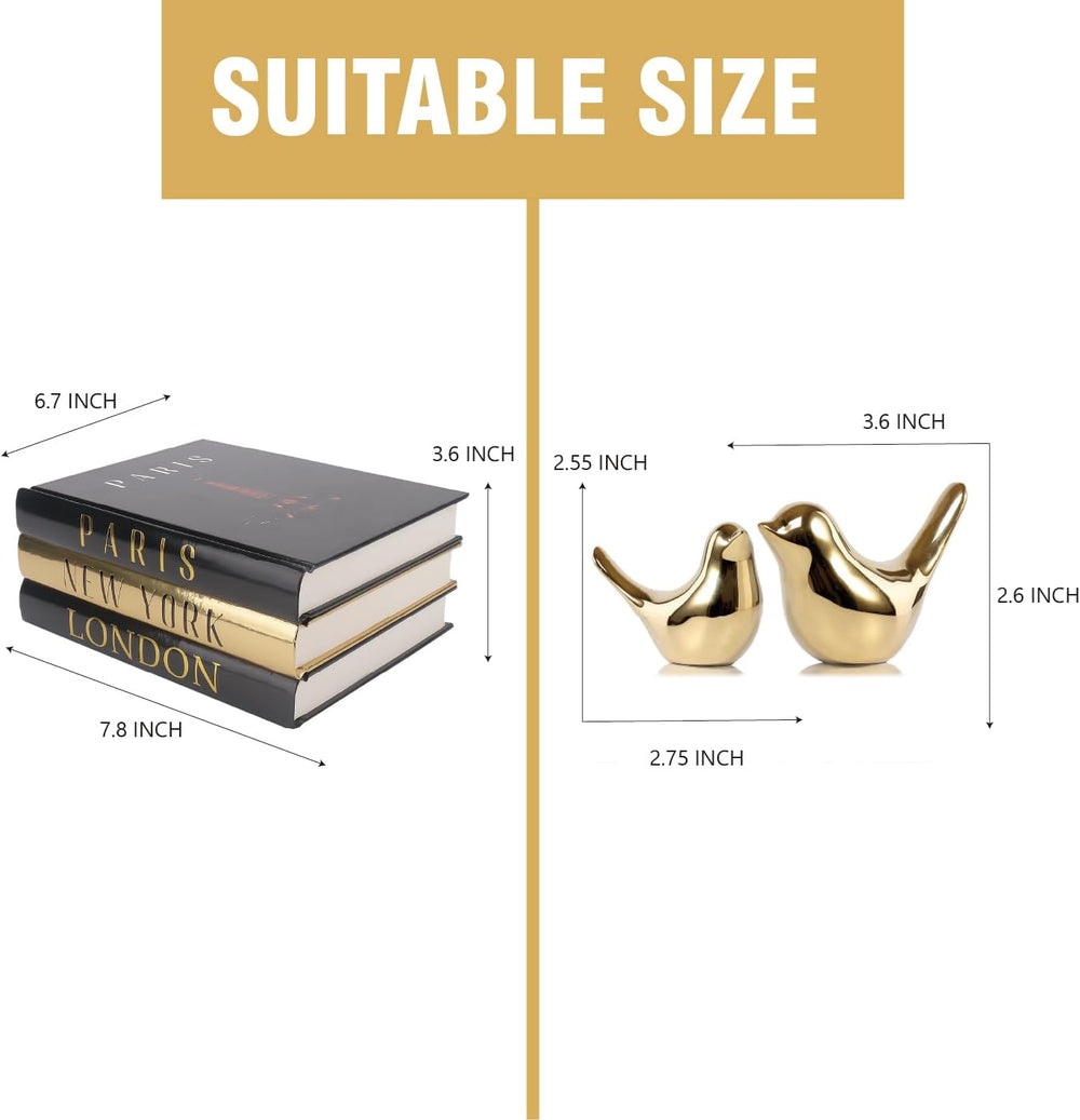 Decorative Books for Home Decor with Gold Bird Statues, 3-Piece Book Set