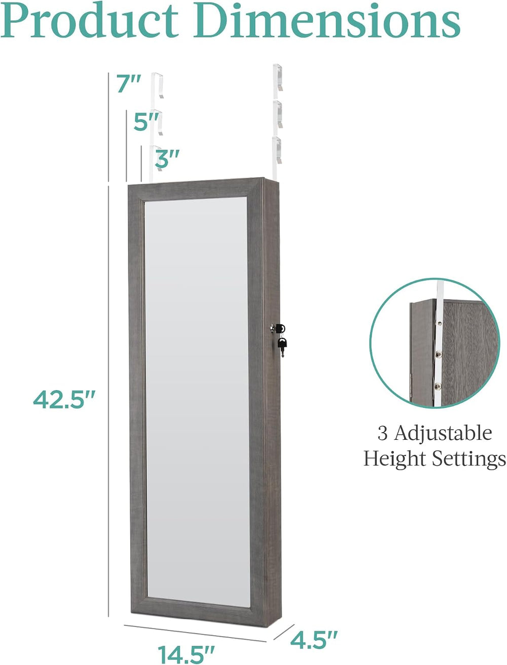 Best Choice Products LED Mirror Jewelry Cabinet, Tall Lockable Wall or Door M...