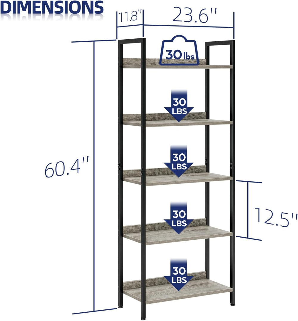 NUMENN Bookshelf, 5 Tier Freestanding Shelving Unit, Grey
