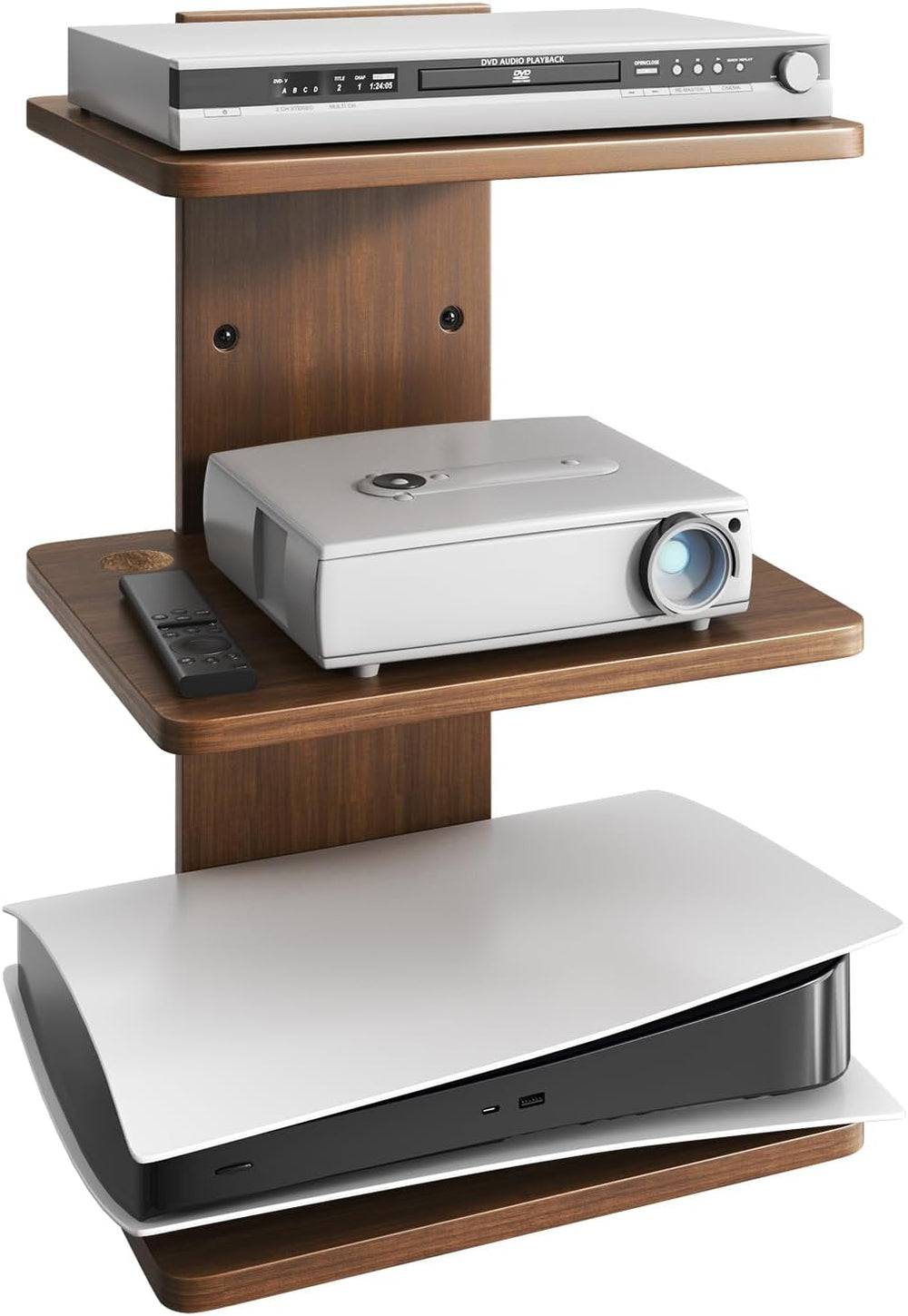 Floating TV Projector Shelf Wall Mount - 3 Tier Wooden Shelf, Walnut Brown