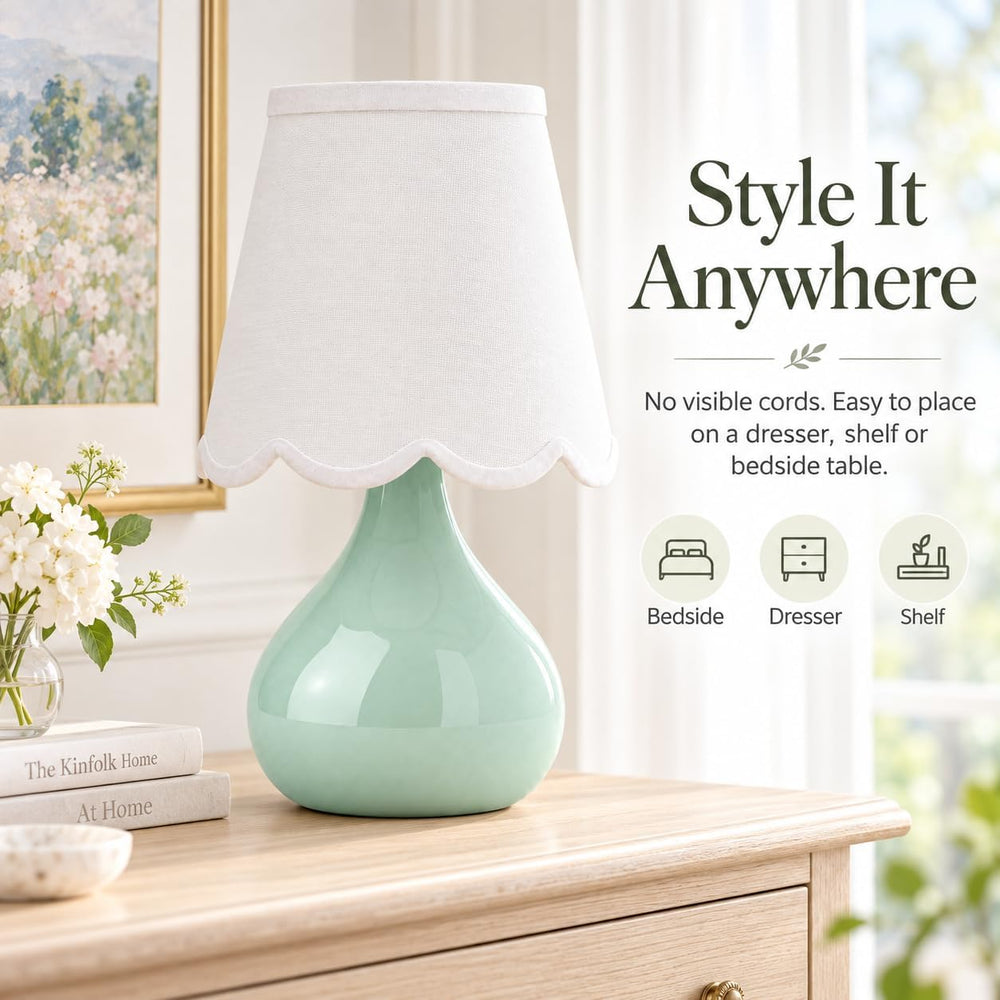 14 Inch Cordless Ceramic Table Lamp with Scalloped Shade, Celadon Green