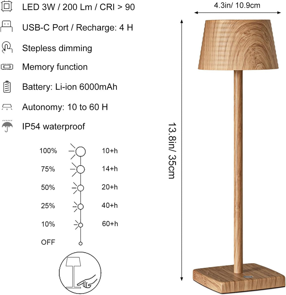 Cordless Rechargeable LED Table Lamp Set of 2, Wood Grain