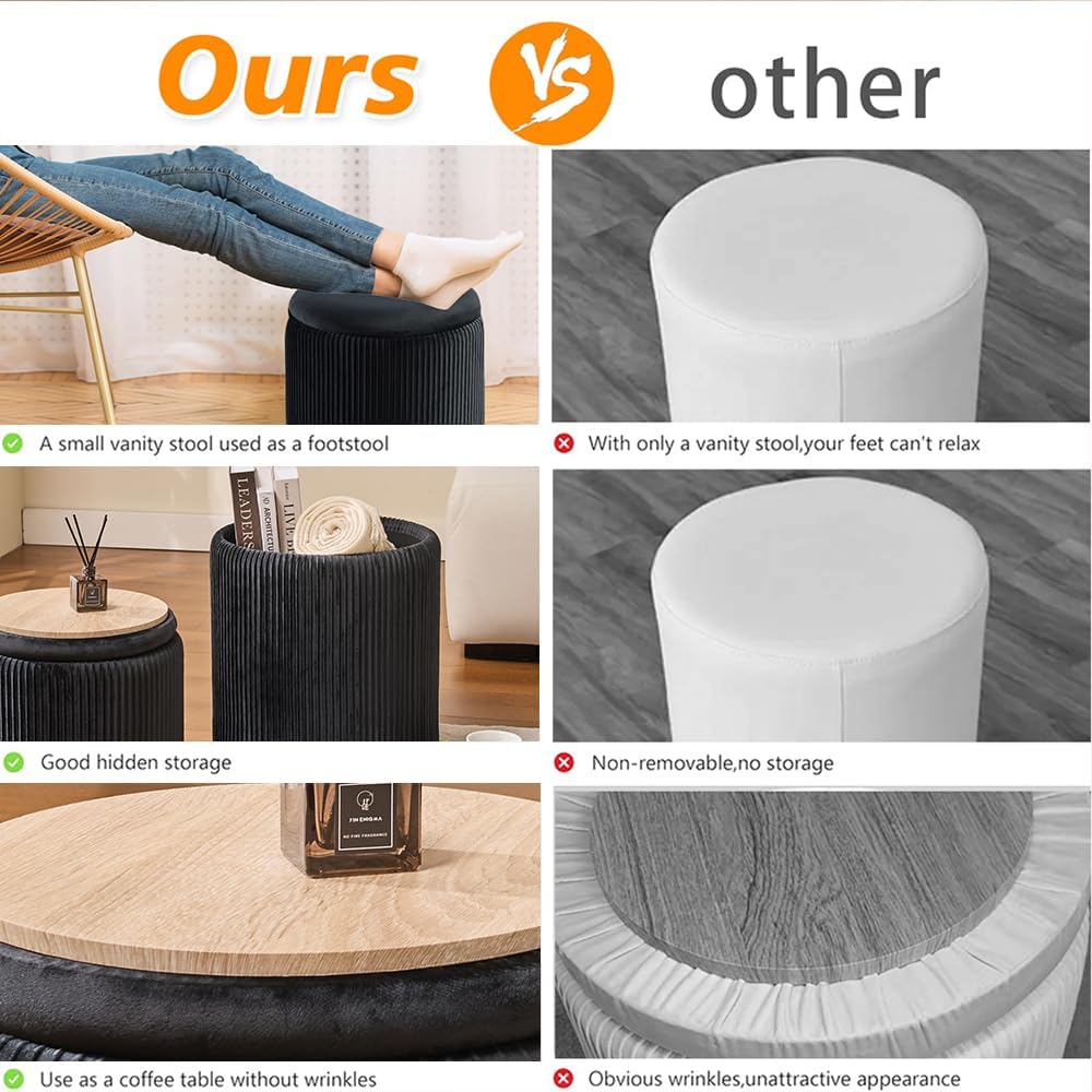 BLEXA Round Ottoman with Storage, Set of 2, Velvet Vanity Stool, Black