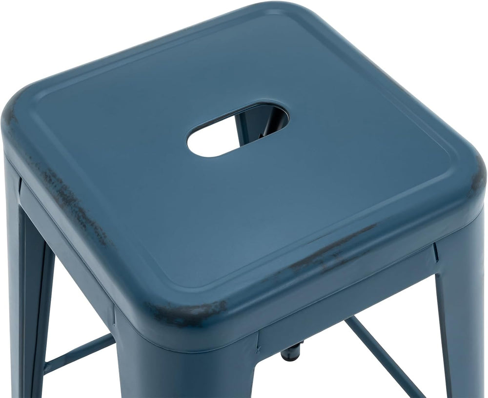 24 Inch Metal Bar Stools Set of 2, Stackable Indoor Outdoor Distressed Blue