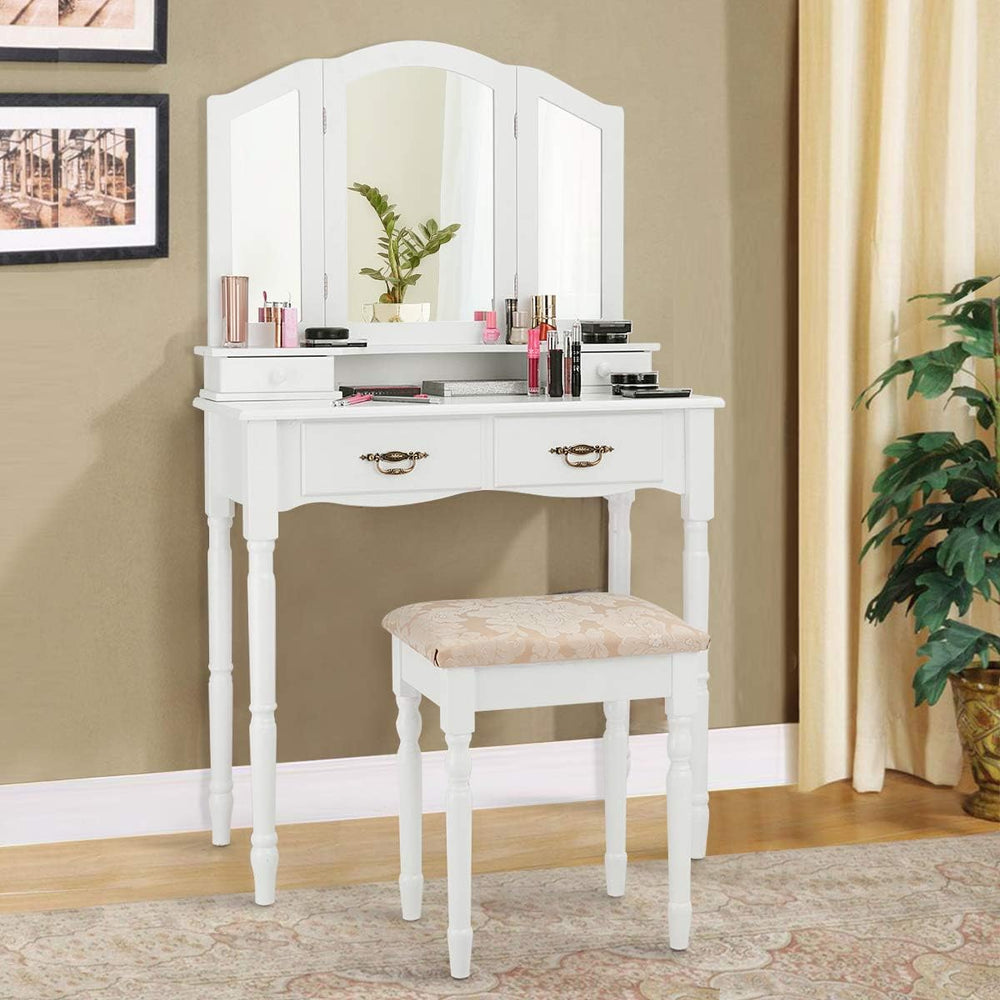 GIANTEX Vanity Set with Tri-Folding Mirror, Makeup Dressing Table with 4 Draw...