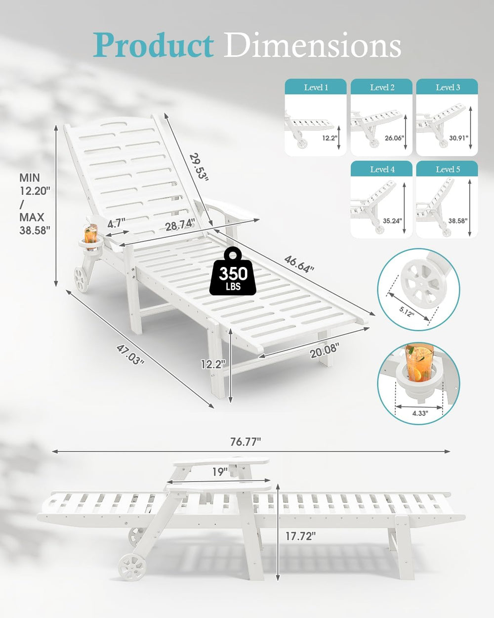 Ciokea Outdoor Chaise Lounge Chair, 5-Position Adjustable, White