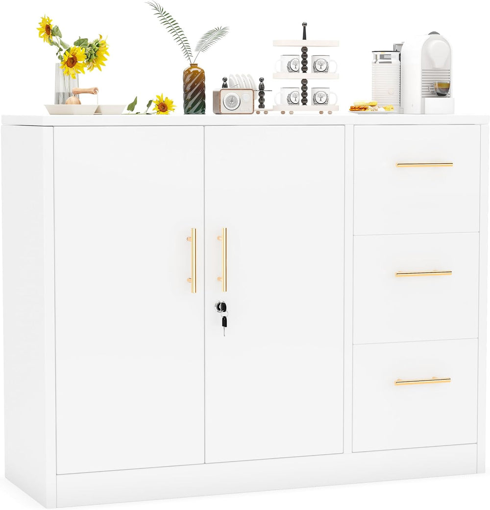 PAOFIN Sideboard Buffet Cabinet, Metal Storage Cabinet with 2 Doors and 3 Dra...