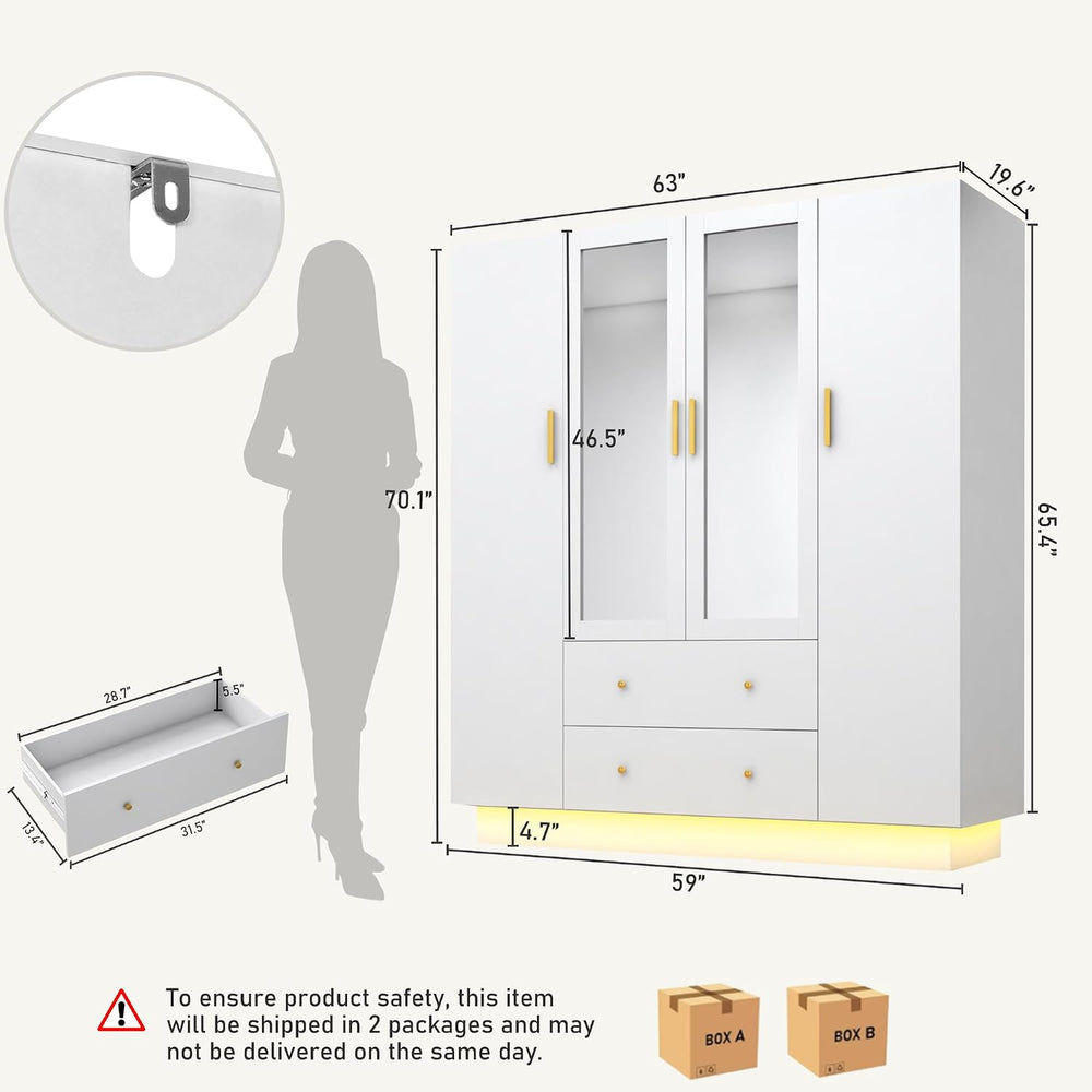 jiteentarou 4 Door Wardrobe Closet with Mirrors and LED Lights, Bedroom Armoi...
