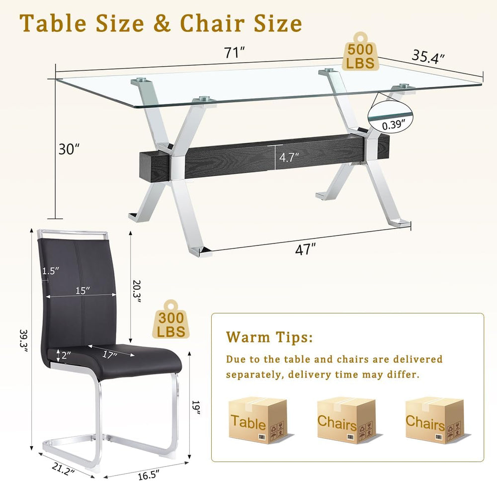 71" Glass Dining Table Set for 6|Modern Dining Table Set for 6 with Faux...